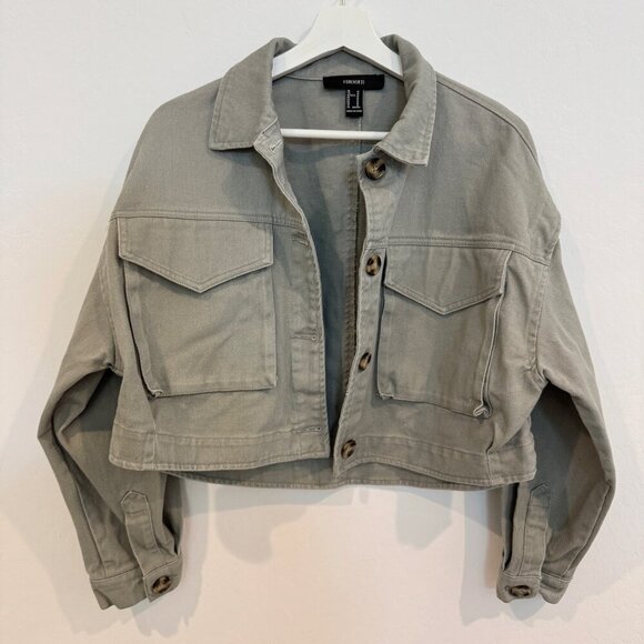 Forever 21 Cropped Cargo Outdoor Casual Utility Military Jacket Green F21 Medium - Picture 1 of 8